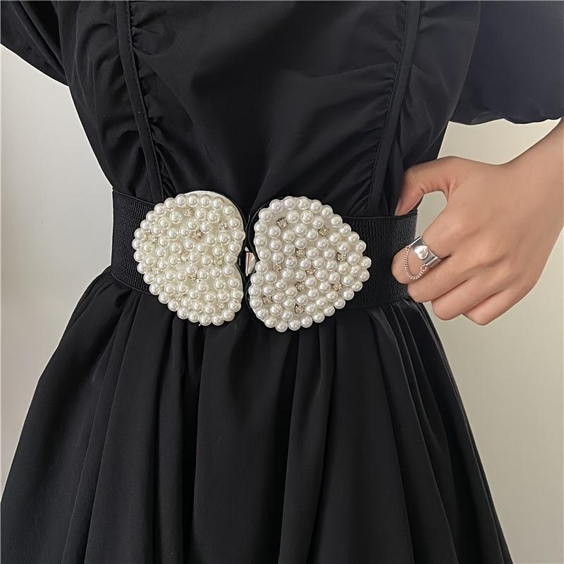 Fashionable And Elegant Artificial Pearl Heart-Shaped Buckle Elastic Wide Belt Suitable For Dresses Simple And Versatile Suitable