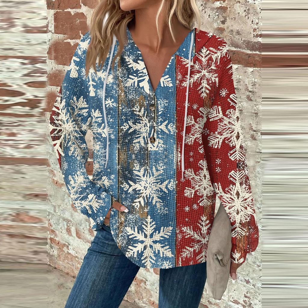 Женская мода с длинным рукавом, завязками на шнурке, капюшоном, пуговицами, V-образным вырезом, повседневная толстовка с капюшоном и рождественским принтом