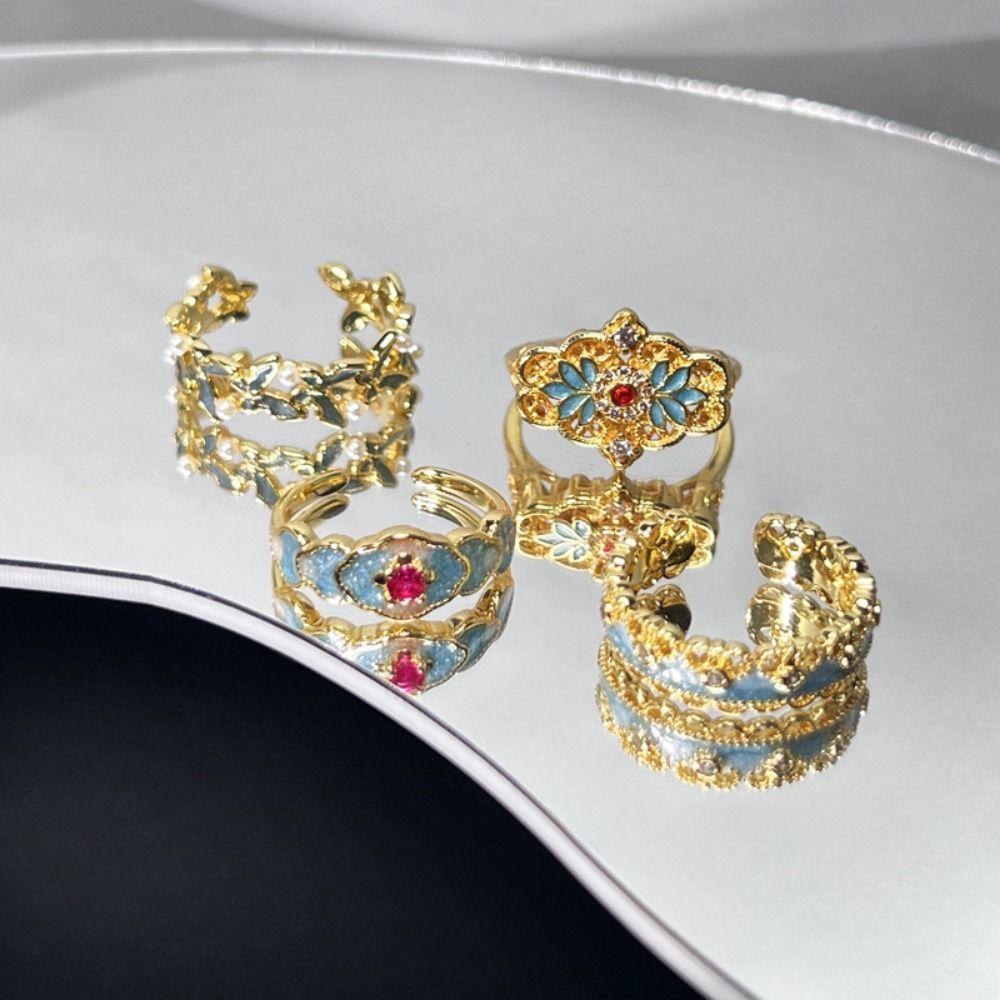 Прозрачное эмалевое кольцо Изысканные металлические открытые кольца Модные китайские винтажные кольца Ежедневно