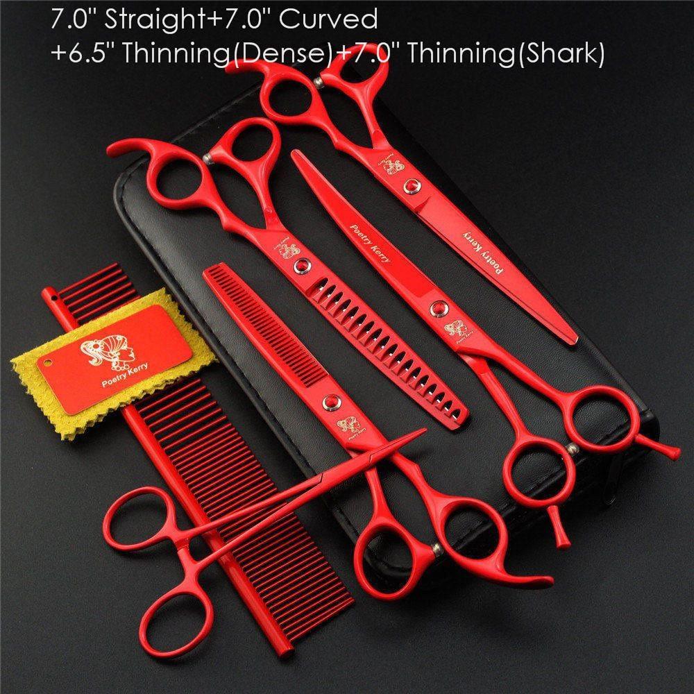 7.0" 8.0 Ch Profional Pet Scissors for Dog Groomg Straight & Thng & Curved Shears FeShark Teeth 4pcsSet +Comb Bag