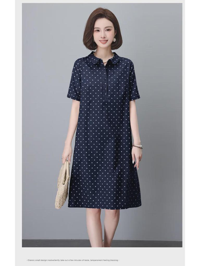 Летнее платье в горошек из хлопка и льна 2024 года — женское, французский стиль, размер плюс, длинная юбка