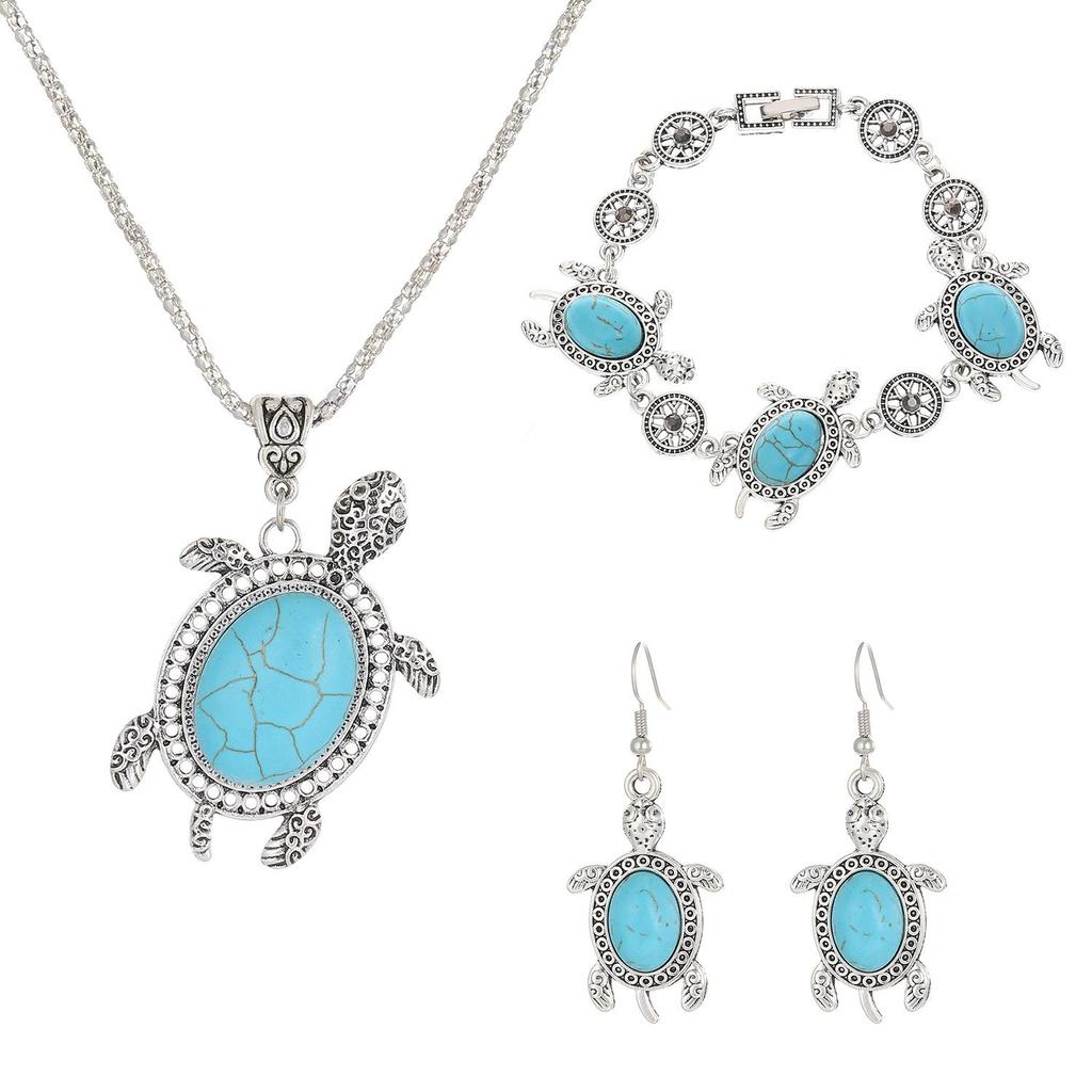 Retro Turquoise Turtle Jewelry Set: Three-Piece Exotic European & American Fashion