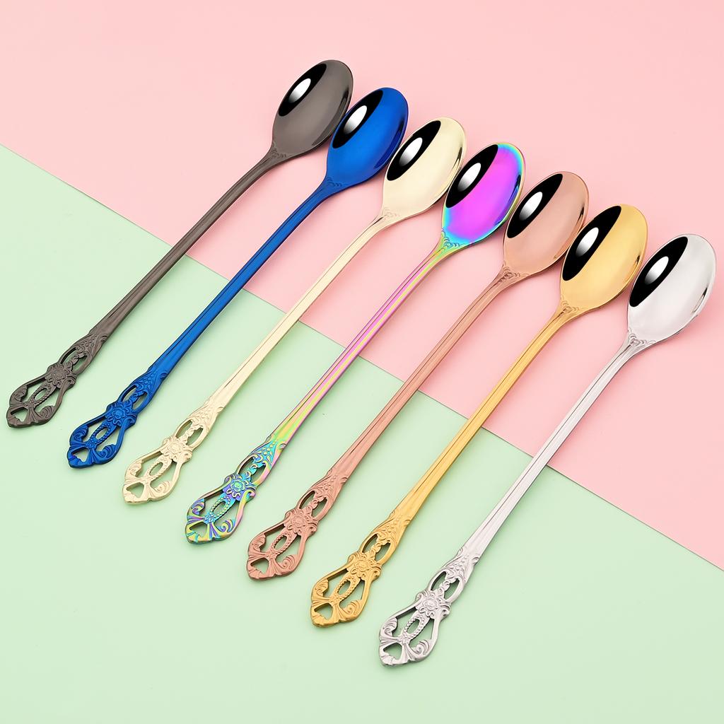 4Pcs Juice Coffee Stirring Cutlery Set Vintage Colorful Teaspoon Dinnerware Ice Cream Long Handle Scoop Tableware Kitchen Tools