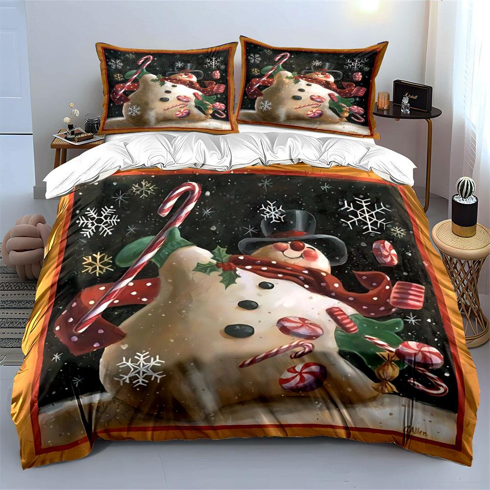 Snowman and Candy Cane Pattern Bedding Duvet Cover Set Duvet Cover Pillowcases  (1*Duvet Cover 2*Pillowcases, without duvet insert)