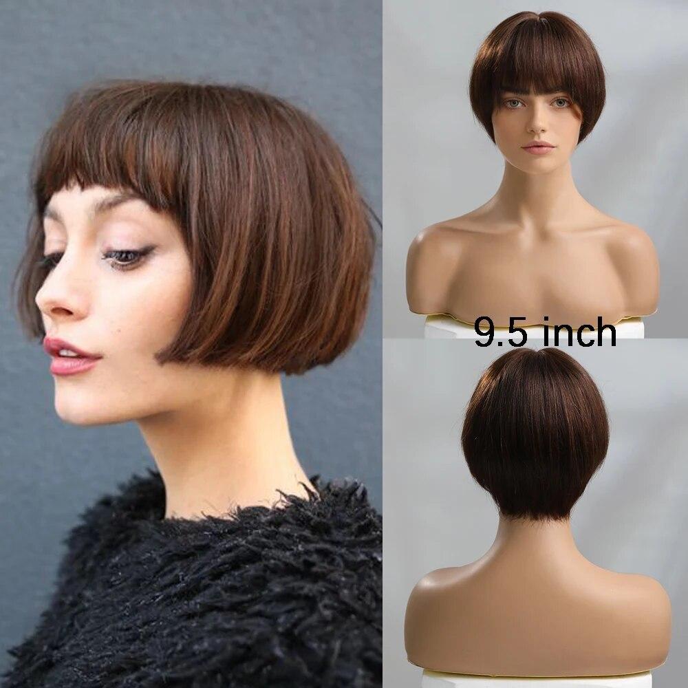 HAIRCUBE Прямые парики из натуральных волос Боб с челкой Темно-коричневые короткие парики Боб для женщин Парики машинного производства Remy, термостойкие