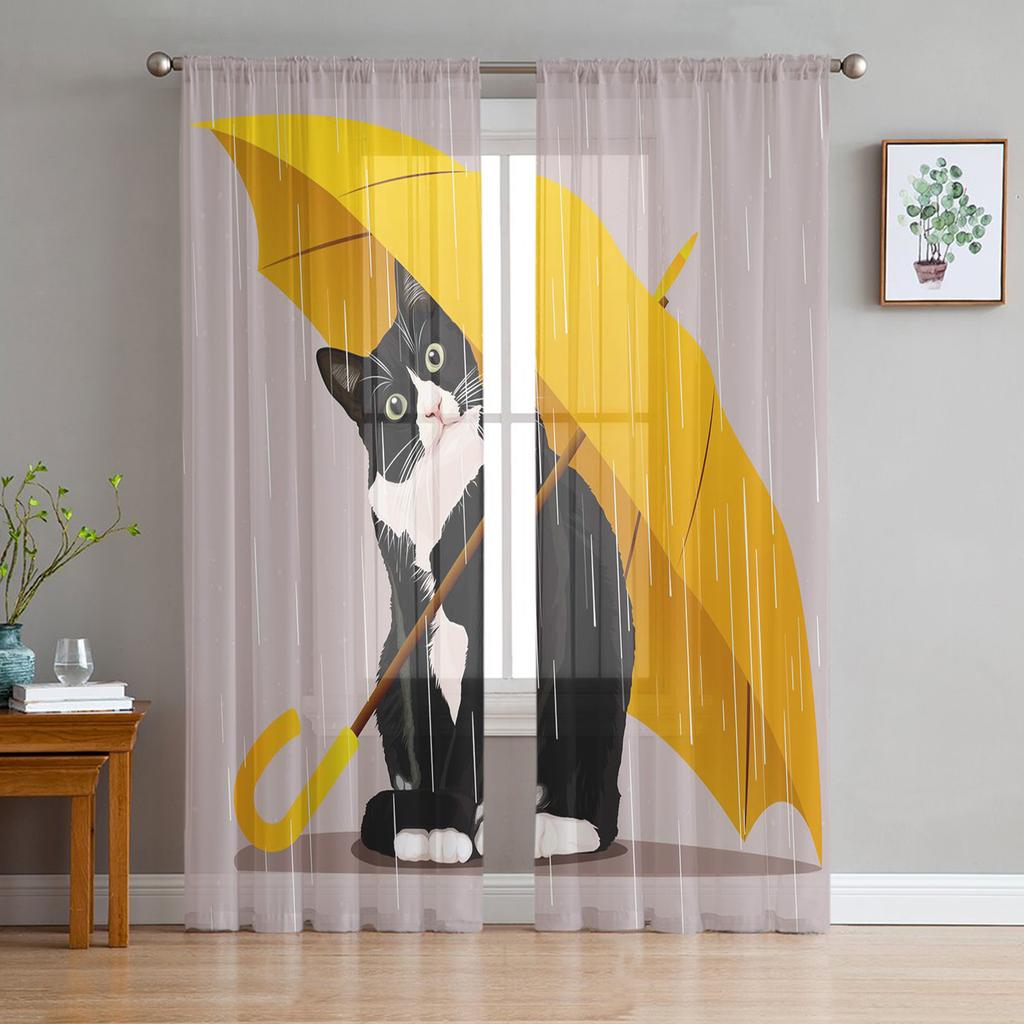 Cartoon Animal Cat Sheer Voile Curtains for Living Room Bedroom Printed Tulle Window Curtain Luxury Home Balcony Decor Drapes