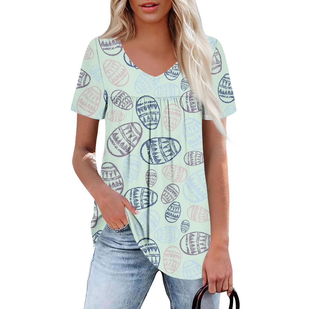 Ladies' Casual V-neck Short Sleeved Shirt With Pleated Easter Print On The Chest
