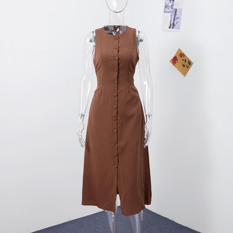 Элегантное длинное платье без рукавов, женское, облегающее, однотонное, с О-образным вырезом, однобортное, А-силуэтное, платья, лето 2025, новые женские модные платья