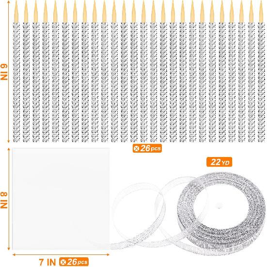 Silver Candy Apple Sticks, 26Pcs Bling Caramel Apple Wooden Pointed Skewers, Fruit Treats Cake Pop Decorative Sticks with Glass Bag Glitter Ribbons