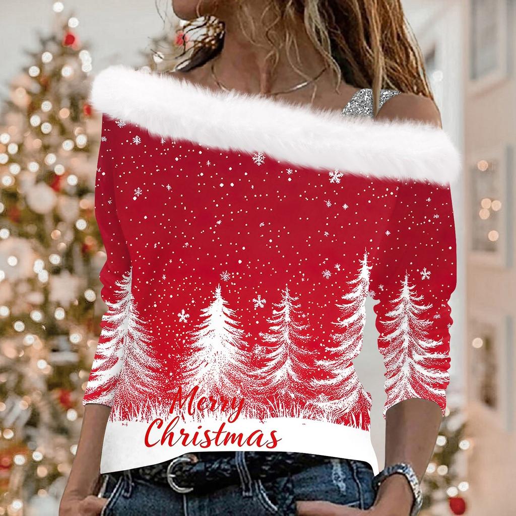 Женские топы с длинным рукавом, модные женские свободные пуловеры с рождественским принтом и открытыми плечами