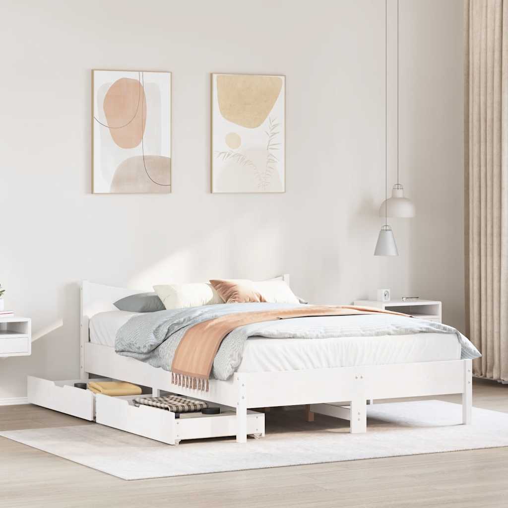 Solid Wood Bed with Drawers White 150x200 cm Pine