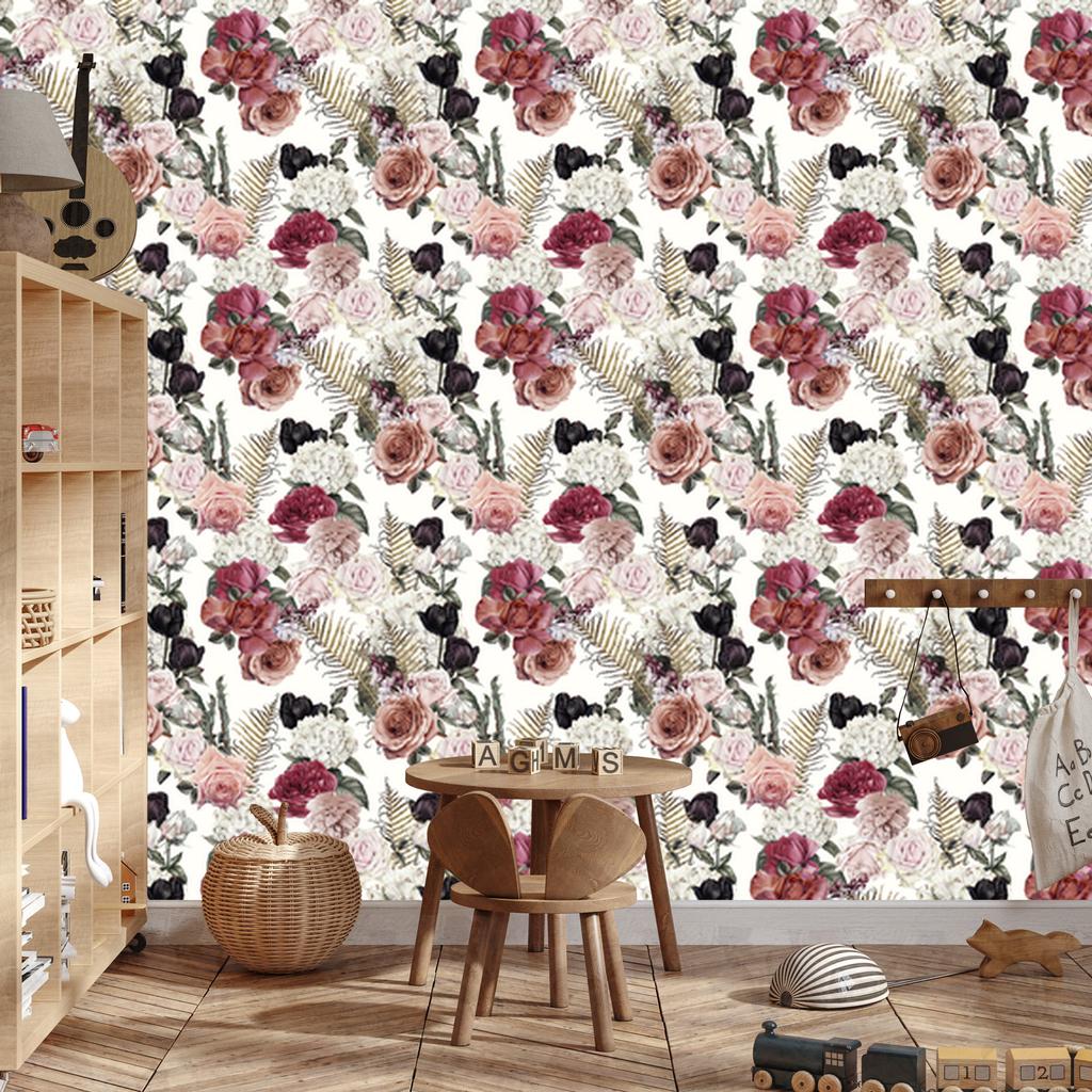 Roses with fern leaves wallpaper for living room and bedroom 50x1000