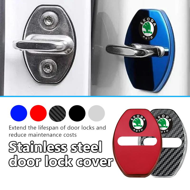 AAAJF1 4Pcs Car Door Lock Covers Auto Decorative Accessories For Skoda Kodiaq Fabia Kamiq Karoq Octavia 2 3 Rapid Scala