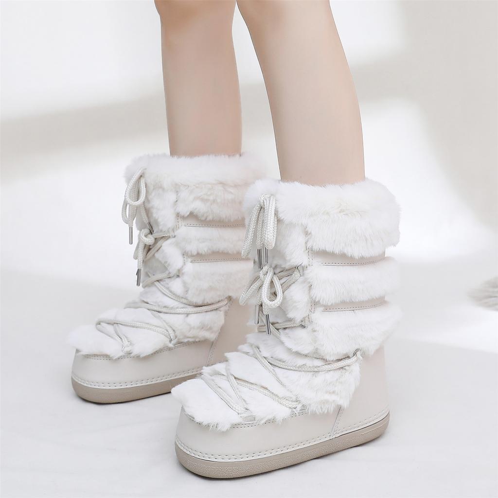 Пушистые меховые ботинки-дутики из искусственного кроличьего меха для женщин, зимние, женские, на шнуровке, водонепроницаемые, теплые, до середины икры, лыжные ботинки, милые ботинки в стиле y2k