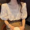 Summer Fashion Square Neck Lace Women Blouse Casual Sweet Loose Puff Short Sleeve Tops Solid Color Elegant Casual Hooked Flower Hollow Apricot Shirt