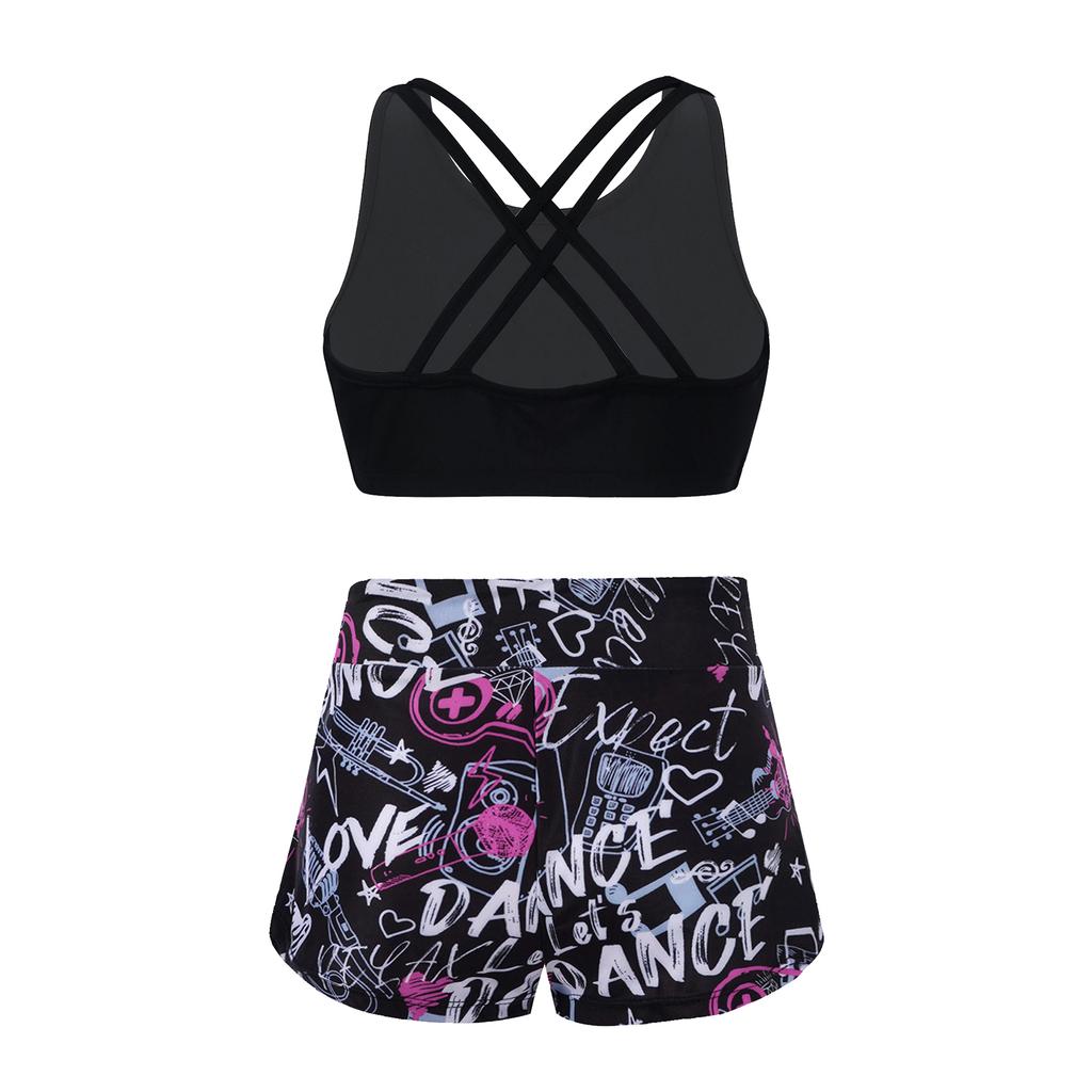 Girls 2 Piece Sport Set U Neck Spaghetti Straps Cropped Top Criss Cross Back Pink Lily Print Shorts Gym Yoga Outfit