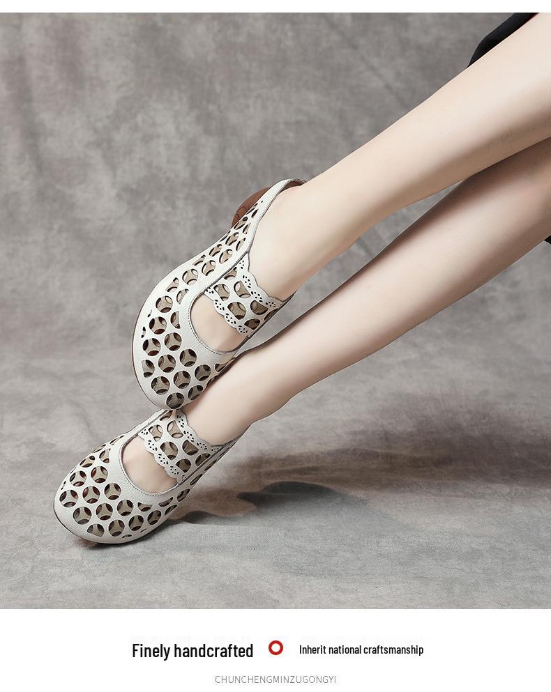 Женские шлепанцы Baotou из натуральной кожи на среднем каблуке в этническом стиле - Летние 2025 с полыми сандалиями на мягкой подошве