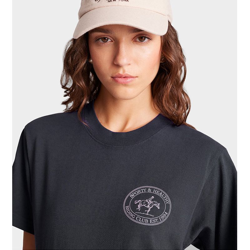 North America Niche Style Retro Sports Style Riding Club Letter Print Charcoal Gray Pure Cotton Short Sleeve T-shirt for Women