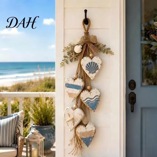 Coastal Style Home Decorations Hanging Heart Wall Decor, 5 Layered Hearts Ornament, Rustic Farmhouse Wood Vintage Whitewashed Sign Sign,