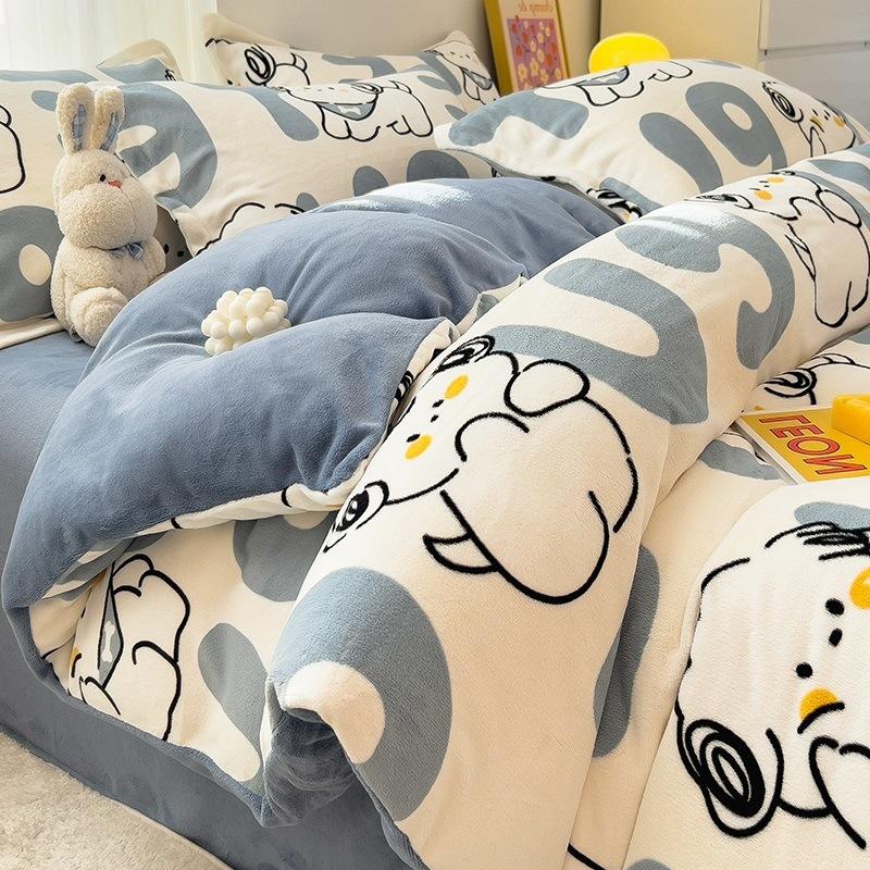 Зимний утолщенный молочный бархатный комплект из четырех предметов плюс бархатное теплое коралловое бархатное пододеяльник, фланелевая простыня, пододеяльник, постельное белье