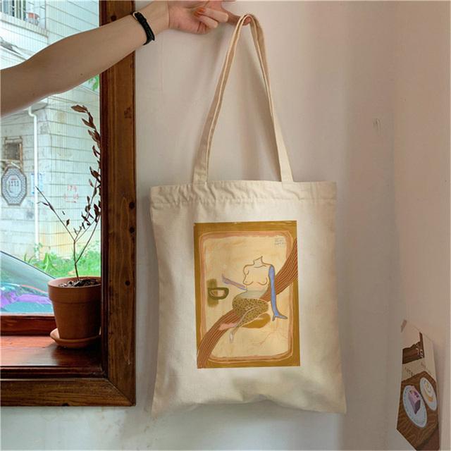 Белая простая сумка для покупок Милая сумка с принтом Kawaii Сумка для покупок Harajuku Холщовая сумка для покупок Сумка для девочек Сумка на одно плечо для женщин