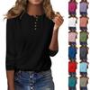 Women's Fashion Casual Round Neck 3/4 Sleeve Loose Solid Color Button T-Shirt Ladies Top