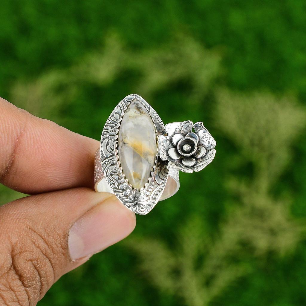 Natural Plume Agate Gemstone Promise Flower Ring Size 7.75 925 Silver For Girls