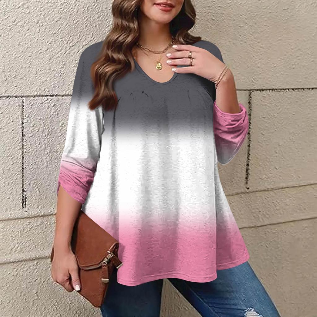 Women's Plus Size Fashion Printed Casual Pleated Round Neck Long Sleeve Top
