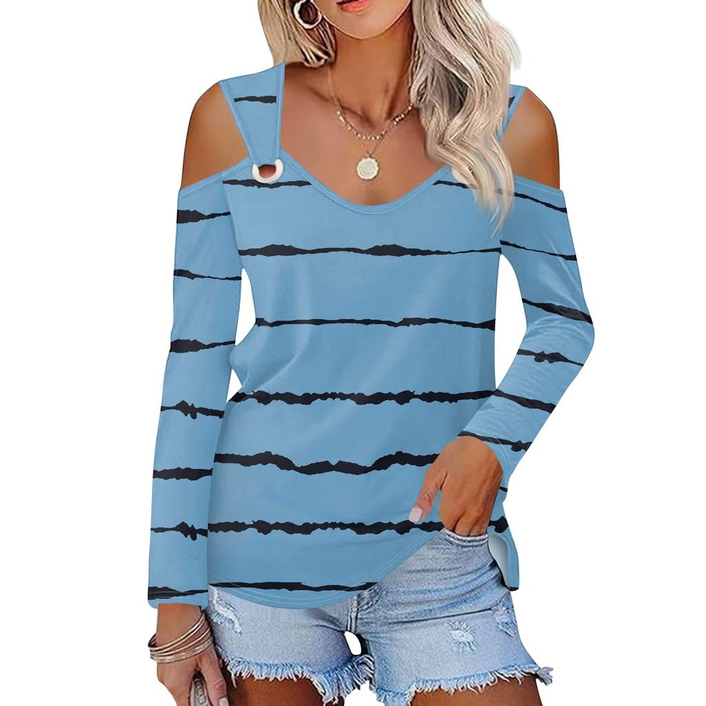 Женская повседневная рубашка-блузка с принтом, V-образным вырезом, сексуальным открытыми плечами, длинным рукавом
