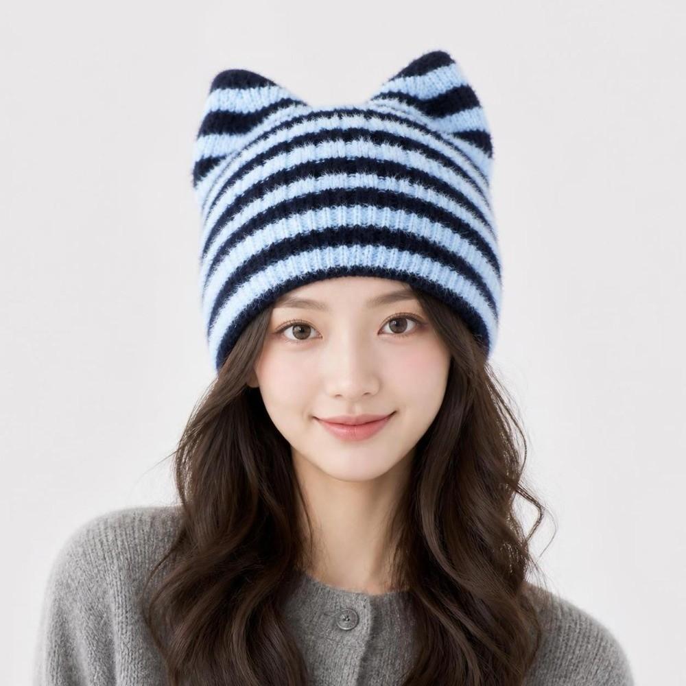 Striped Cat Ears Beanie Hat Winter Ear Protection Wool Cap Fashion Wool Knitted Cap Outdoor Wear