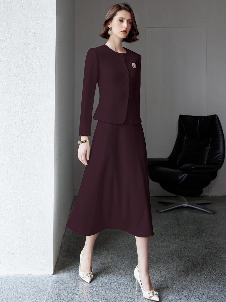 Ankola Women's Red Suit Set: Elegant Autumn/Winter Formal Coat & Umbrella Skirt Two-Piece