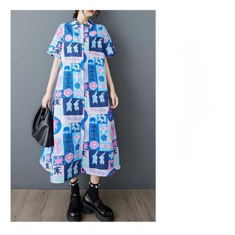 Women's Short Sleeved Loose Fashion Printed Mid Length Shirt Dress