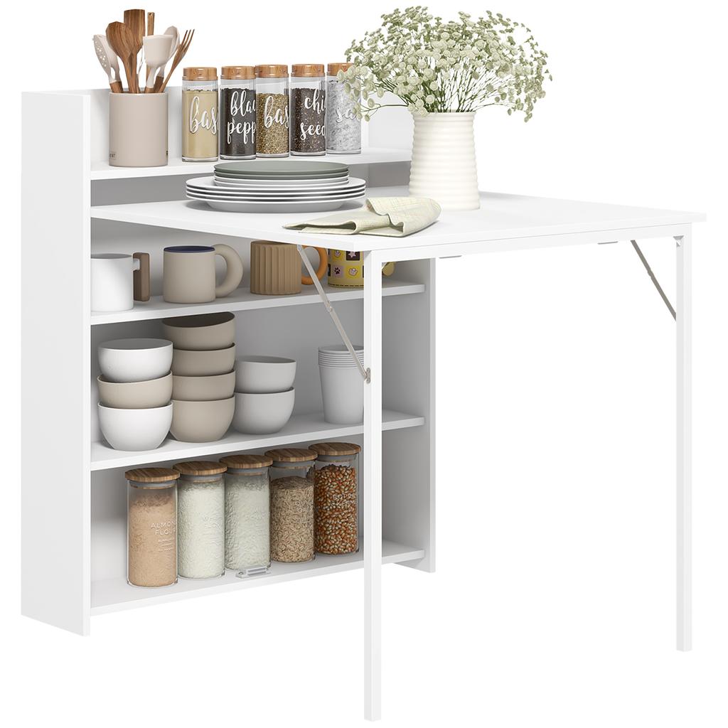 Kitchen Table, Folding Dining Table, with 4-Tier Shelves, Modern Drop-Leaf Table, White