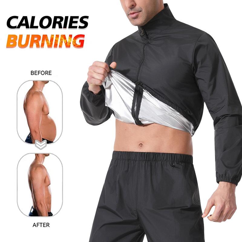 Men Sauna Sweat Suit Zipper Jacket Pants Set, High Collar Windproof Workout Body Shaper For Gym Running Fitness