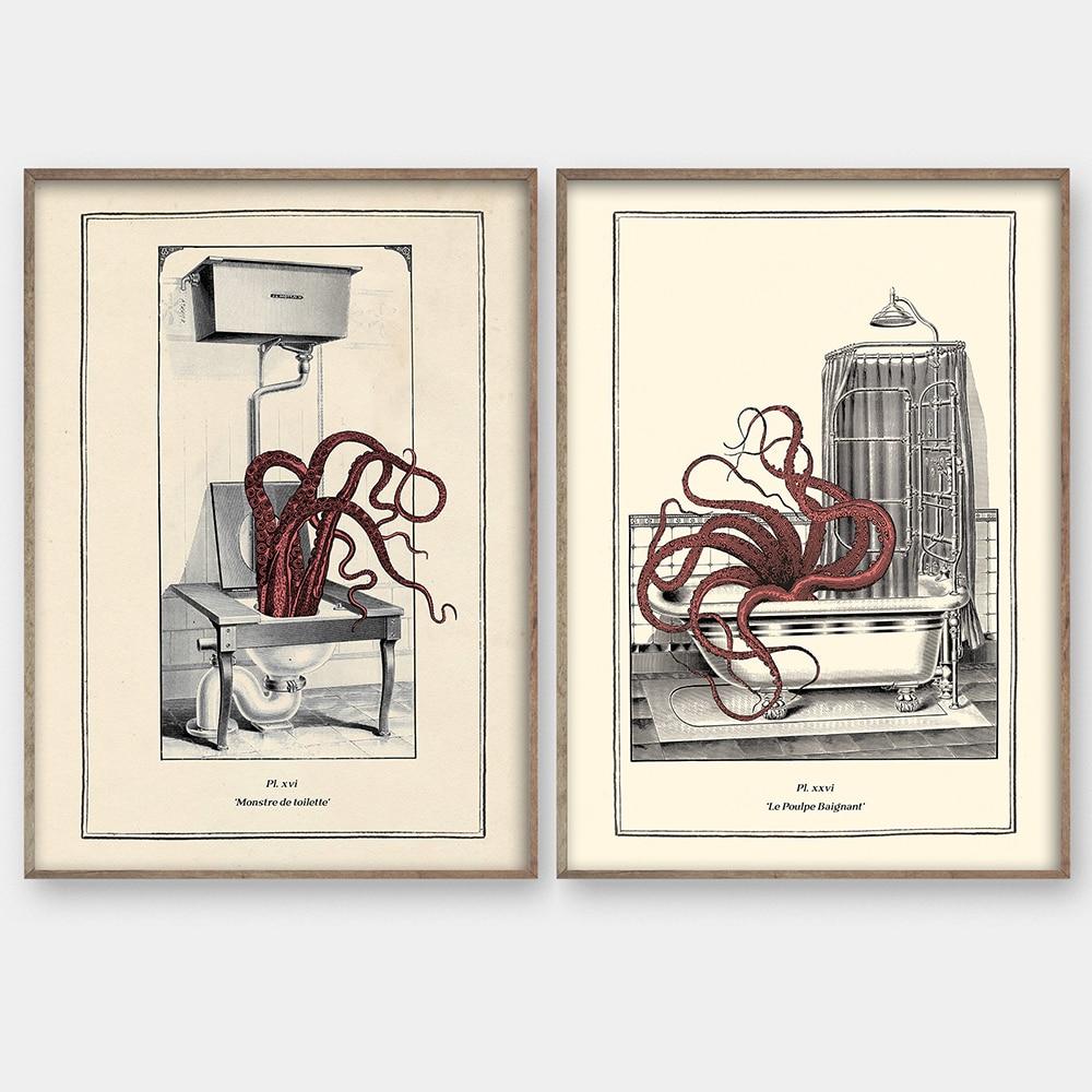 Vintage Octopus Penguin Orangutan Printing Funny Toilet Wall Art Canvas Painting Poster Gothic Steampunk Home DecorationPictures