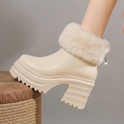 Ботильоны Lucyever из искусственного меха на высоком каблуке, женские модные зимние ботинки на толстой платформе с кристаллами и молнией, женская зимняя обувь на толстом каблуке