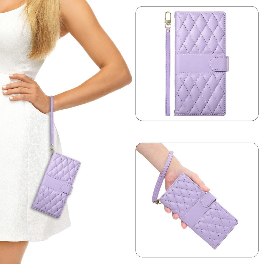 For Oppo Reno15 F 5G Wallet Case Rhombus Stitching Stand Leather Phone Cover with Long / Short Strap