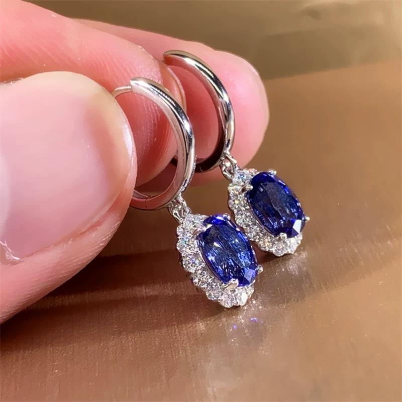 Овальные серьги-подвески из кубического циркония синего/красного цвета для женщин, роскошные свадебные аксессуары серебристого цвета, элегантные женские трендовые украшения