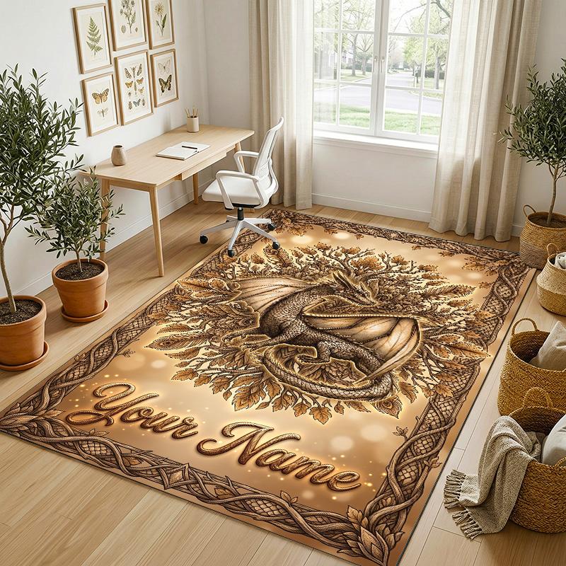 Dragon Phoenix Theme Crystal Velvet Rug Personalized Custom Name Text Soft Floor Mat Home Decor