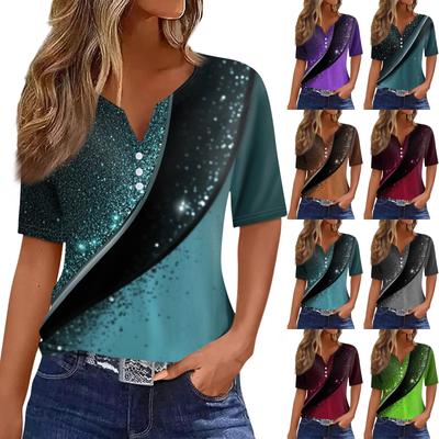 Жен. Футболка Футболка С принтом Пуговицы С короткими рукавами Повседневные Выходные Мода Классический V-образный вырез Обычный Верх