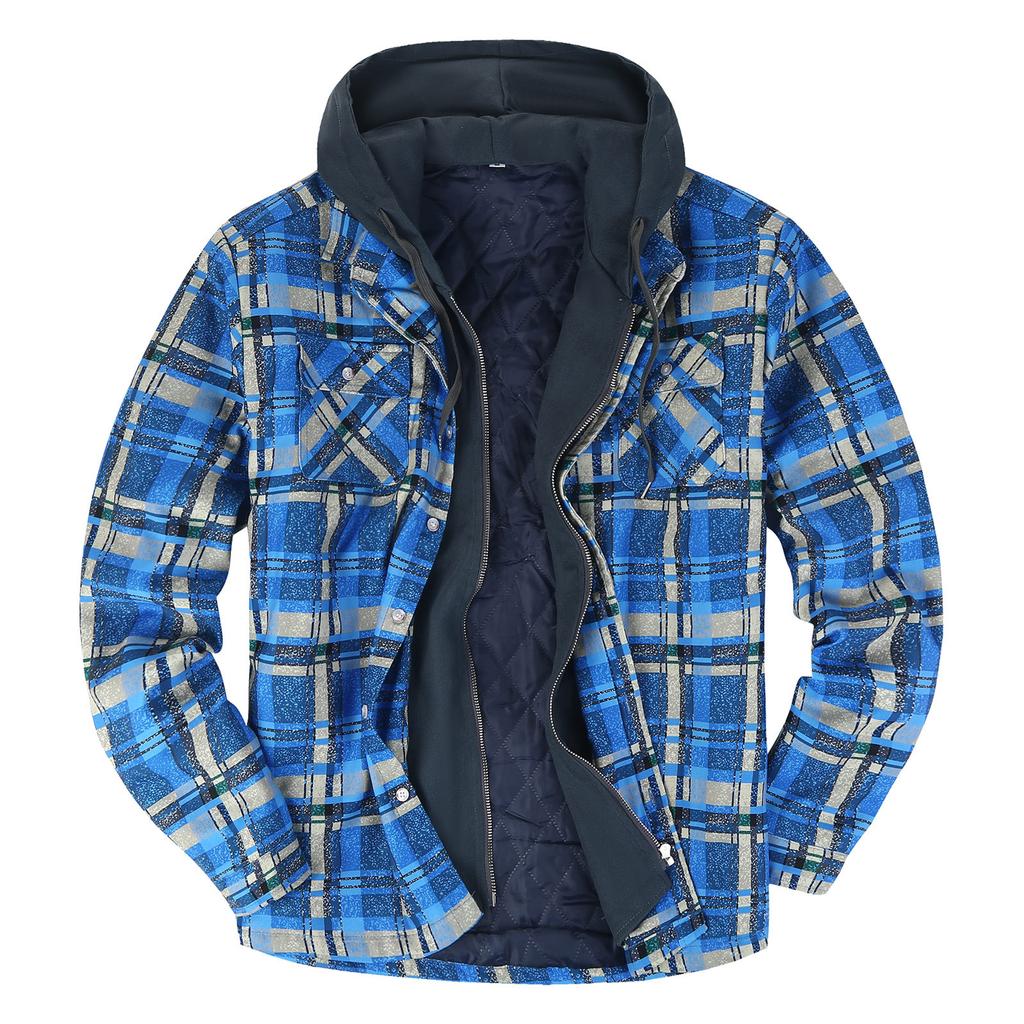 Men's Quilted Lined Button Down Plaid Shirt Add Velvet To Keep Warm Jacket With Hood