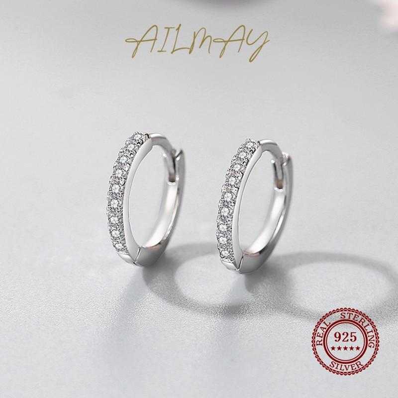 100 %925 Sterling Silver Clear Zircon Simple Fashion Hoop Earrings For Women Girls Anti -Allergy Fine Jewelry Gifts
