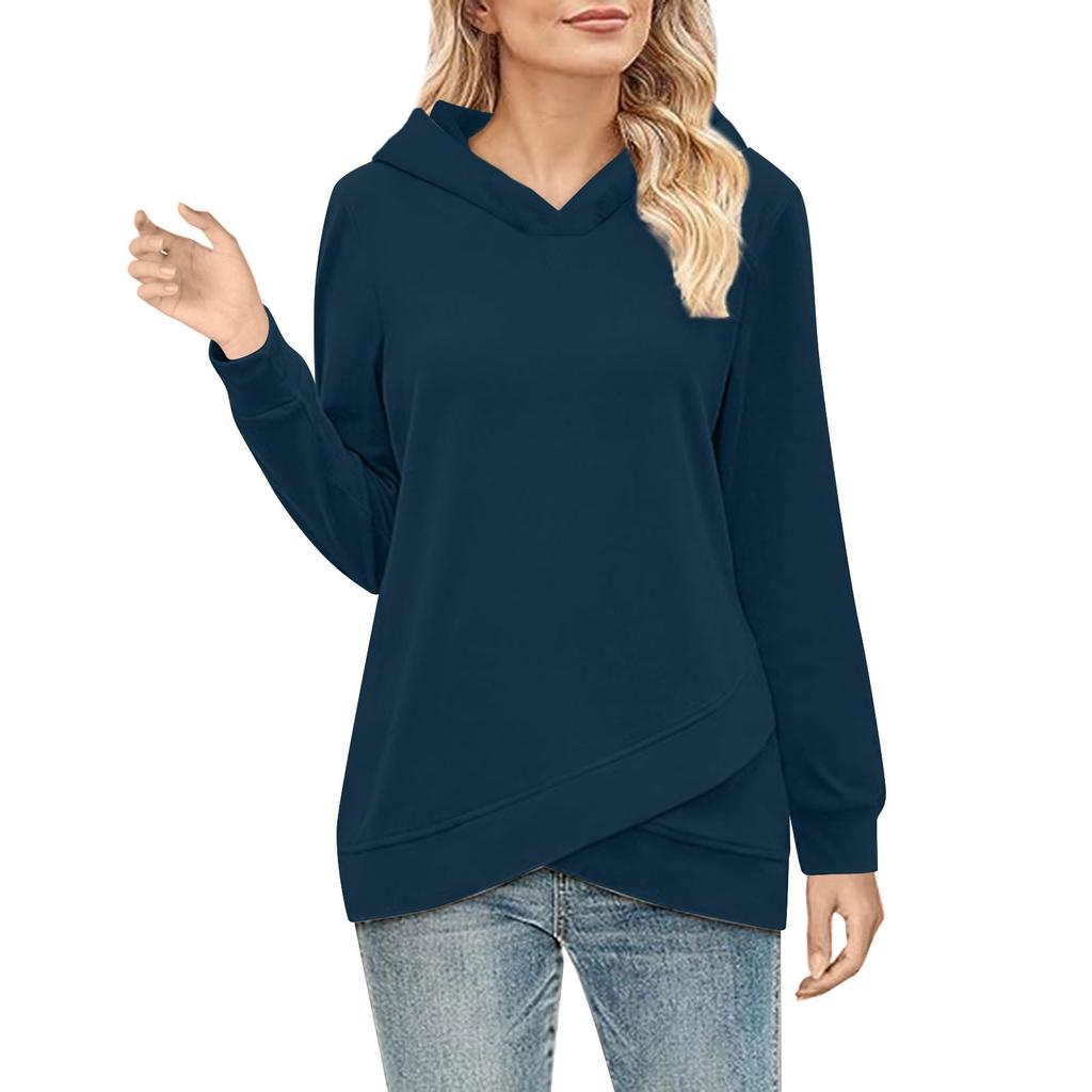 Women's  Fashion Solid Color Hoodie Long Sleeved  Cross Hem Sweatshirt  Top