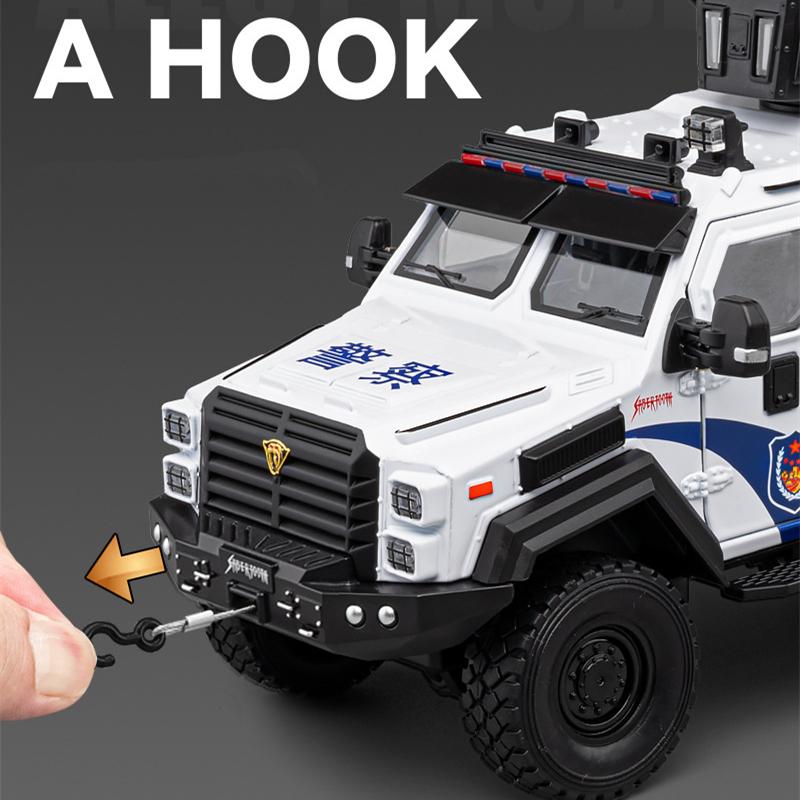 LYZRC 2024 New 1:24 Alloy Police Explosion Proof Car Model Diecasts Metal Sword Toothed Tiger Armored Vehicles Model Sound Light Kids Toys Gift