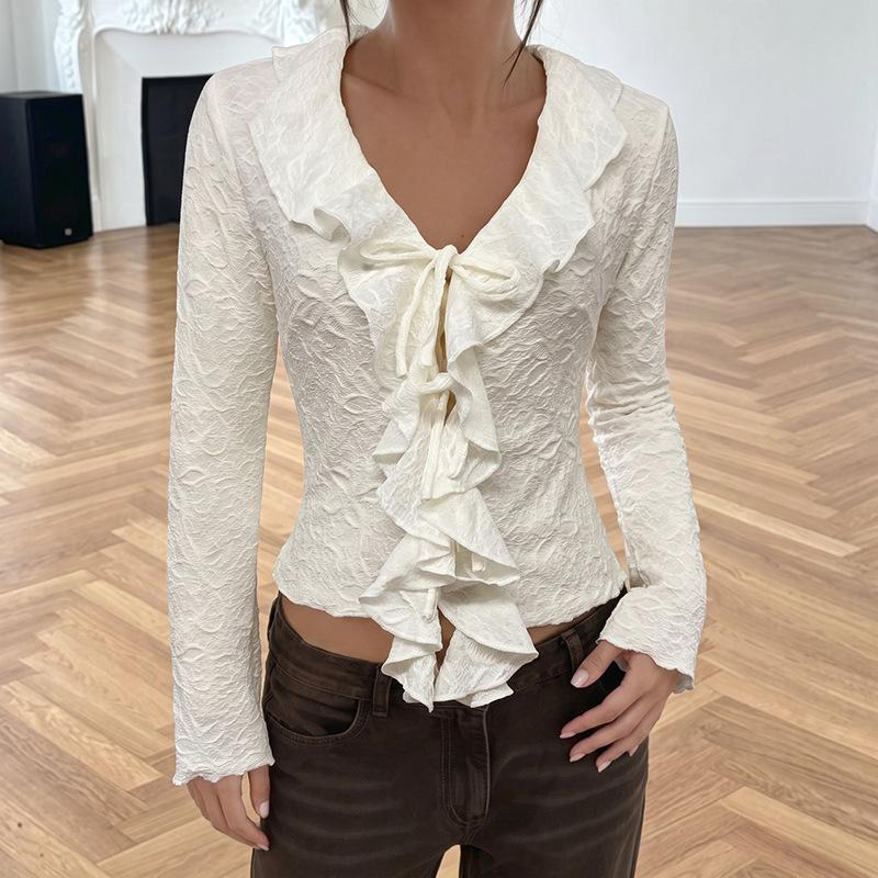 Women Shirt Tie Waist Ruffled Trim V Neck Long Sleeve Blouse
