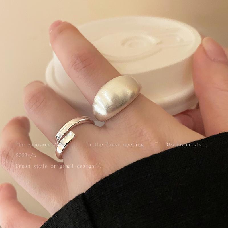 Matte Silver Brushed Open Adjustable Ring - Light Luxury Cold Style for Women