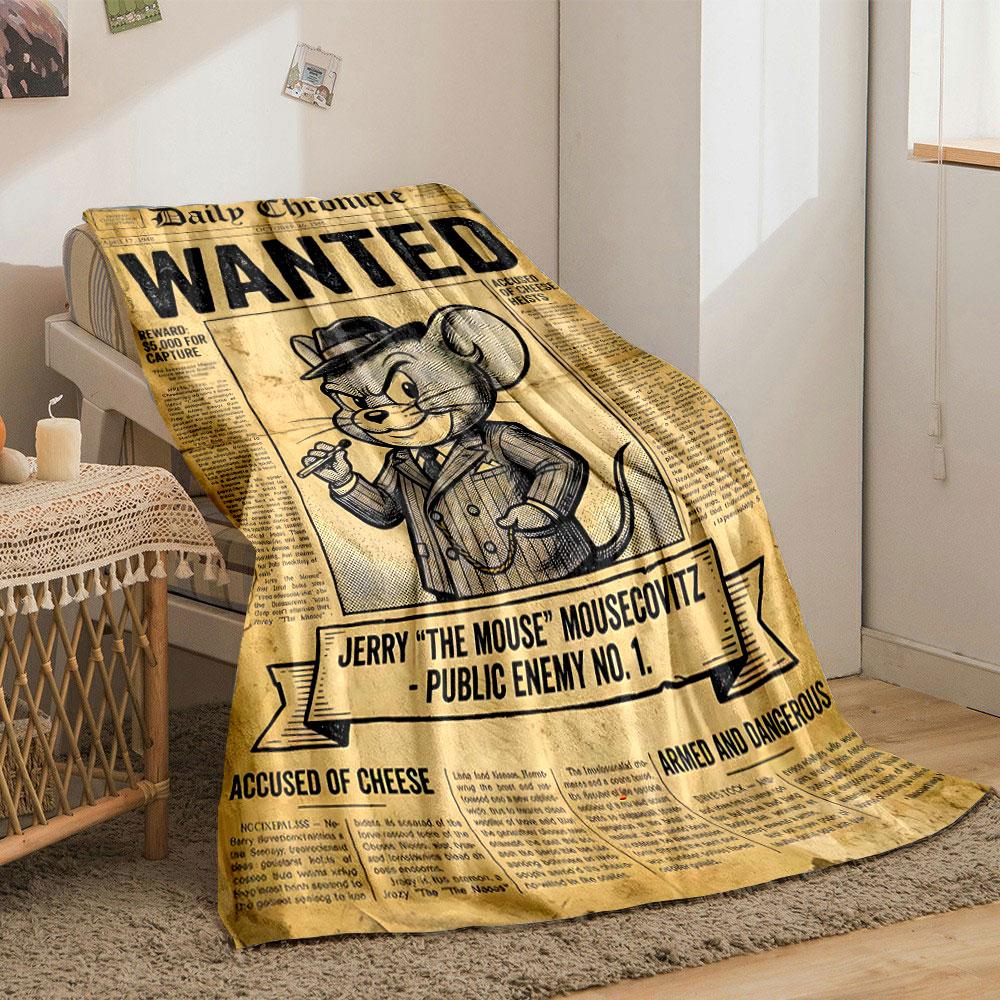 A "WANTED" poster featuring a cartoon mouse in a suit and hat. for all seasons blanket lunch break throw gift