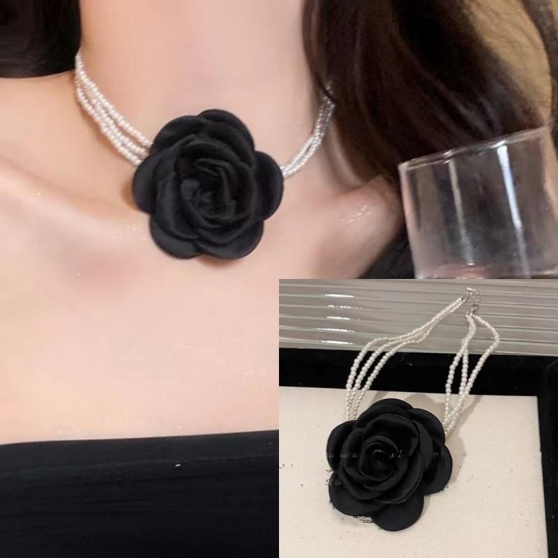 French Gentle Wind Satin Flower Multi-layer Pearl Necklace Women's Fashion Sweet Niche Premium Design Clavicle Chain