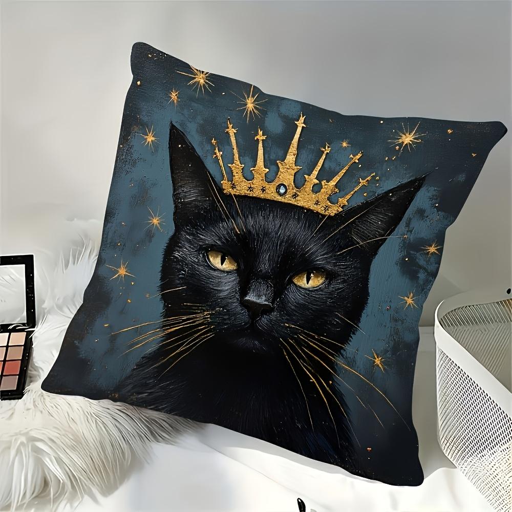 1 шт. Наволочка с изображением Черного Кота-Короля в Короне, 2D Двусторонняя Печать, Полиэстеровая Наволочка для Декоративной Подушки, Готический Звездный Небо Декор, Подарок для