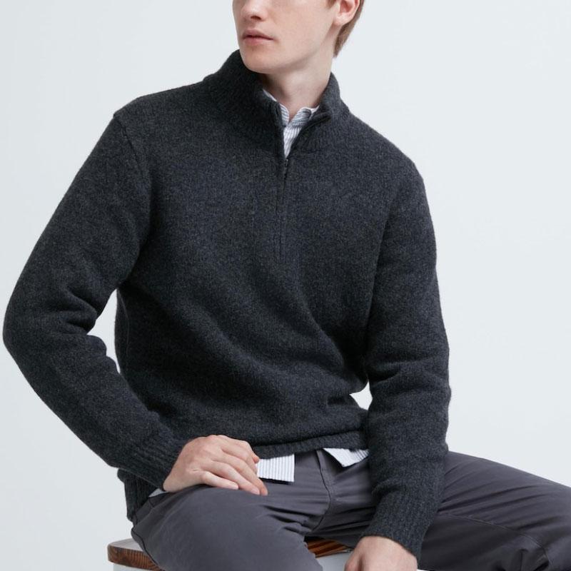 Uniqlo Однотонный пуловер с длинным рукавом, полувысокий воротник, вязаный свитер, мужской свитер, темно-серый 460948-08